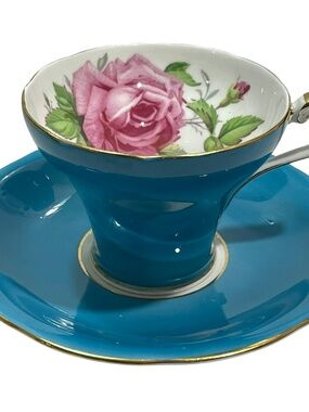 Vintage 1940s Aynsley Cabbage Rose Turquoise Corset Tea Cup Saucer C959 England